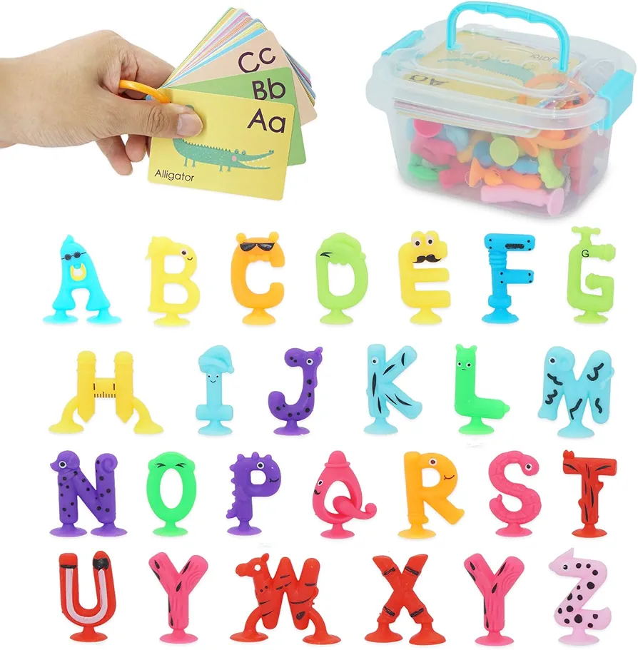 Alphabet Letters Learning Suction Toys: ABC Silicone Baby Bath Toys, Bathtub/Windows/Car/Travel Toys for Toddlers 1-3, Preschool Educational Montessori Sensory Toys for 1/2/3 Year Old