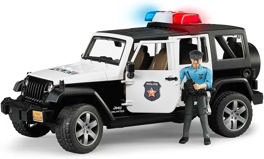 Bruder Toys - Emergency Realistic Jeep Wrangler Unlimited Rubicon Police Vehicle with Light Skintoned Policeman and Light and Sound Module with 4 Different Sounds - Ages 4+