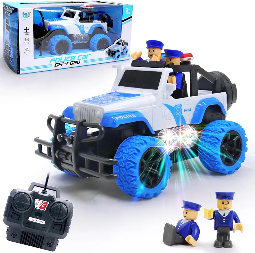 Remote Control Car,Rc Truck Racing Car for Kids 4-7, Police Rc Cars for Boys Age 8-12, 1:20 Scale Off Road Car Toys with 2 Building Block and Led Lights Truck Racing Cars for Birthday Gifts Ages 3-5