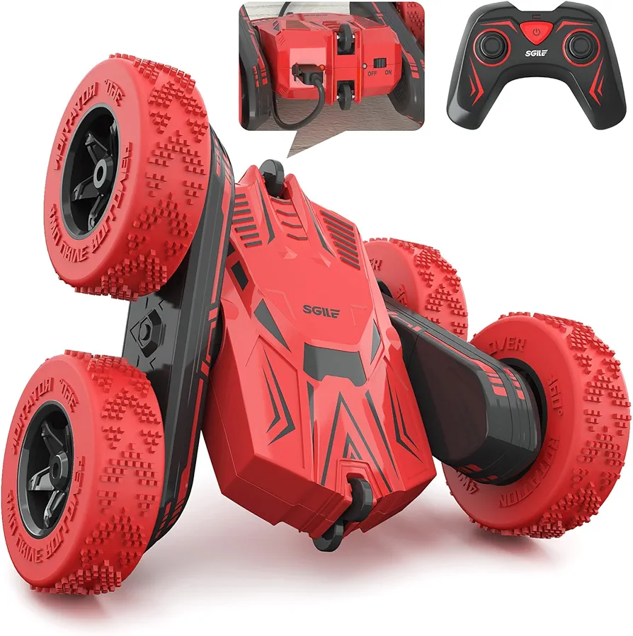 SGILE RC Stunt Car Toy Gift, 4WD Remote Control Car with 2 Sided 360 Rotating Rc Car for Kids Girls Boys Age 6 7 8 12, Red