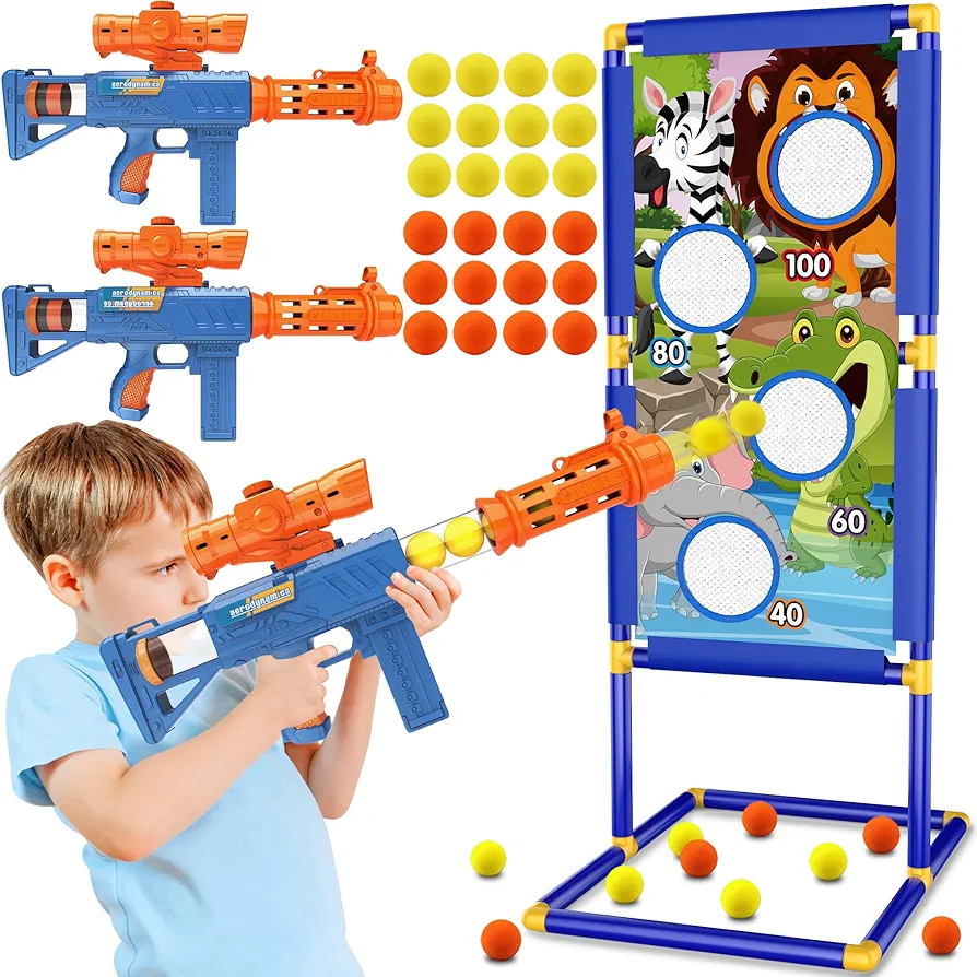 Shooting Game Toy for Boys - 2 Player Toy Foam Blaster Air Guns, 24 Foam Bullet Balls Popper & Standing Shooting Target, Birthday Gifts for Age 3 4 5 6 7 8 9 10-12 Years Old Kids, Girls