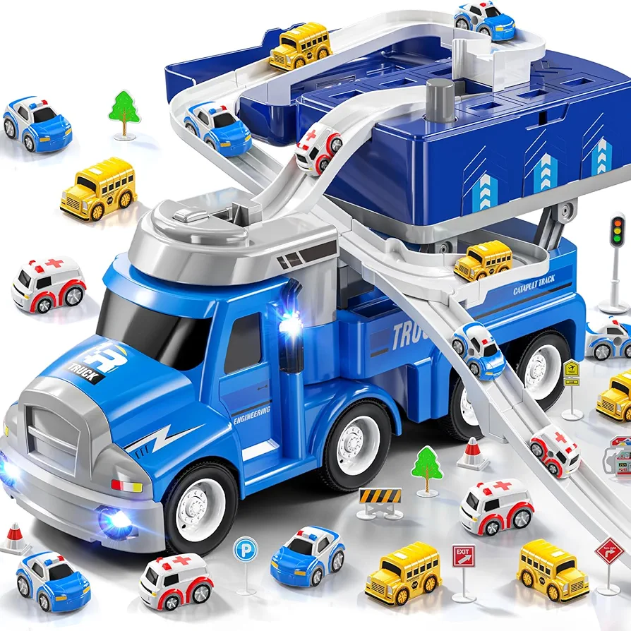 TEMI Toy Cars and Trucks for Kids 3 4 5 6 Years Old, Vehicle Toys for Kids with 8 City Cars, Car Track Toy for Toddlers Aged 3-8, Outdoor Kids Toys, Gift for 3-4 Year Old Boy and Girl