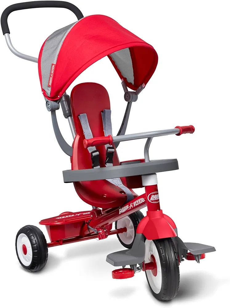 Radio Flyer 4-in-1 Stroll 'N Trike, Red Tricycle for Toddlers Age 1-5, Toddler Bike