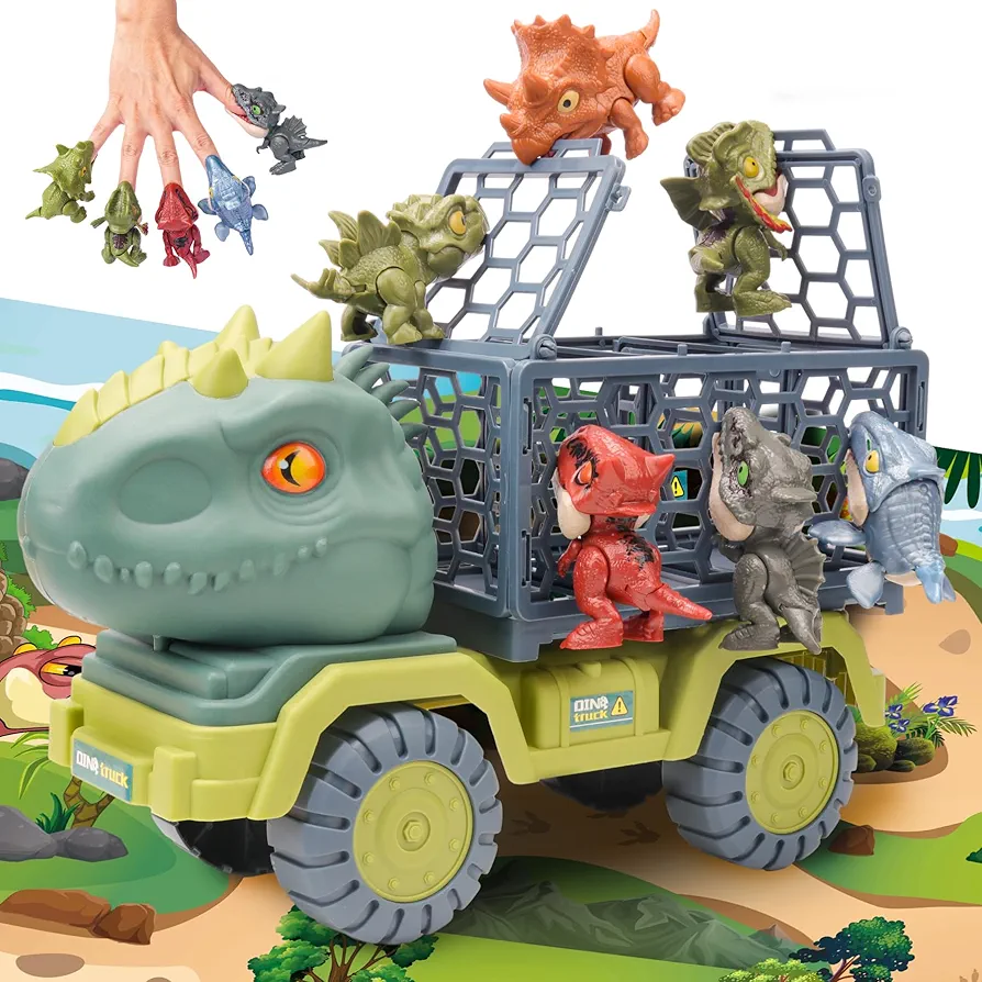 Dinosaur Truck Toys for Kids 3-5, T-Rex Transport Truck with 6 Dino Figures Toys, Dino Activity Play Mat, Dinosaur Truck Carrier Transport Car, Jurassic Dinosaur Play Set for Boys and Girls