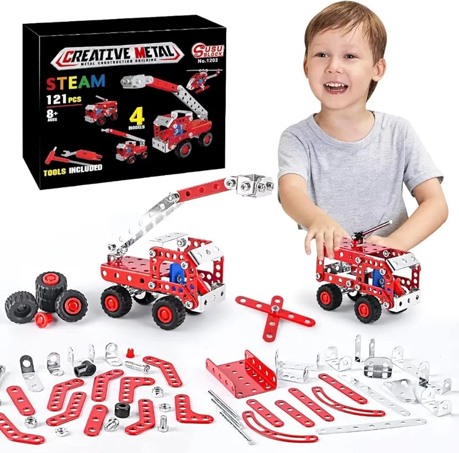 Stem Building Toys for Boys Age 8-12,Erector Sets Fire Trucks Series Model Kit,Assembly Toys for Kids,Metal Building Toys for Model 4 in 1 Fire Fighting Cars(121PCS)