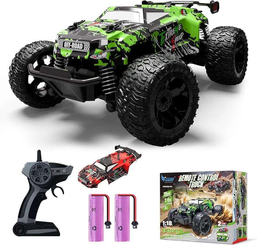 Monster Trucks for Boys Age 4-7, 1/18 Remote Control Car, 2.4Ghz Off-Road RC Cars for Boys Age 8-12, Remote Control Truck W/ 2 Rechargeable Batteries for 40 Min Play, for Boys Girls