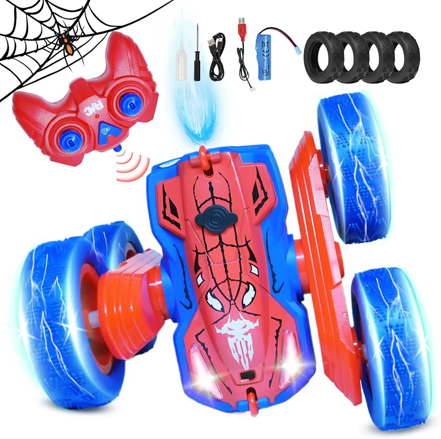 Spider Remote Control Cars for Kids, RC car with Side Light Strip and Headlights, Double-Sided 360 flip Rotating RC Stunt car, 2.4Ghz All Terrain Kid's Toy Boys for 4-6 5-7 6-8 8-12 Boy Girl