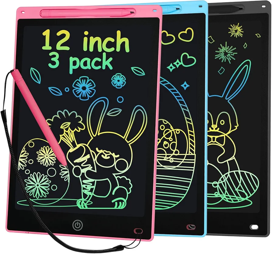 3 Pack 12 Inch Drawing Pad LCD Writing Tablet for Kids Adults,Toys for Ages 5-7 Kids Tablet Toddler Boy Girl Toys Car Games Travel Essentials Easter Basket Stuffers for Toddler（Pink+Bule+Black）