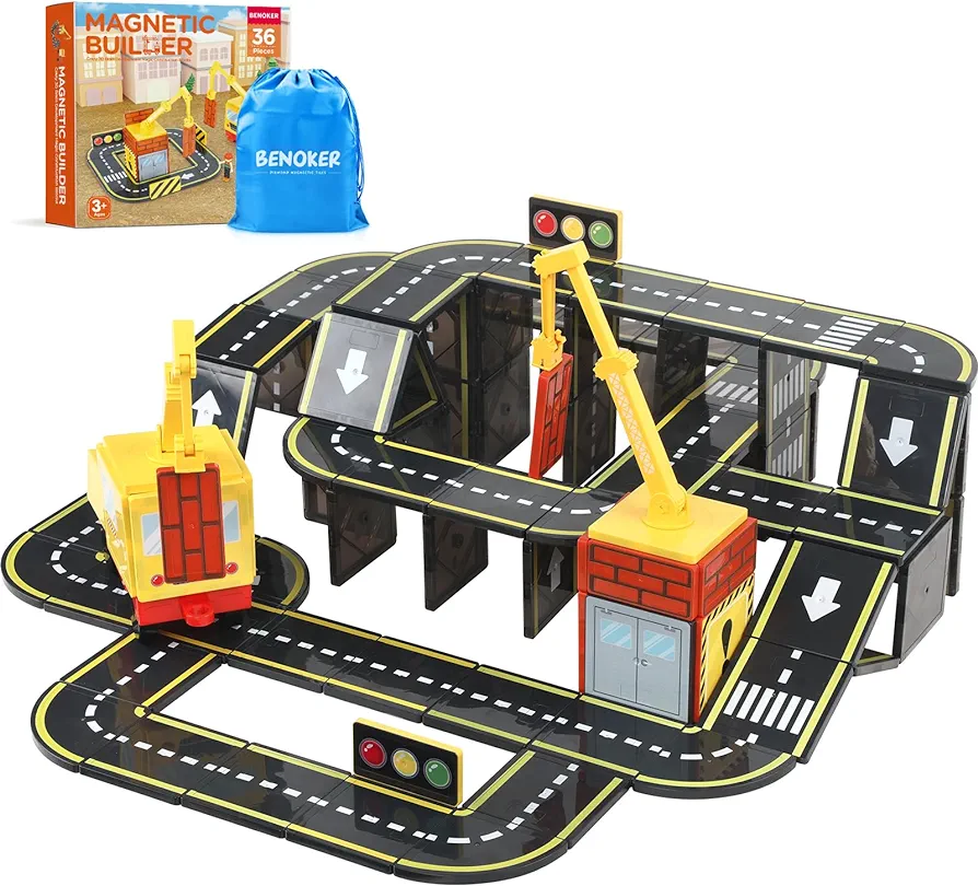 Magnetic Tiles Road Set with 2 Magnet Crane Car Toys,Boys Toys for Ages 3-5 5-7 8-10 Building Toys Includes Crane, Road Tracks,Dolls, Car Toy, Traffic Lights