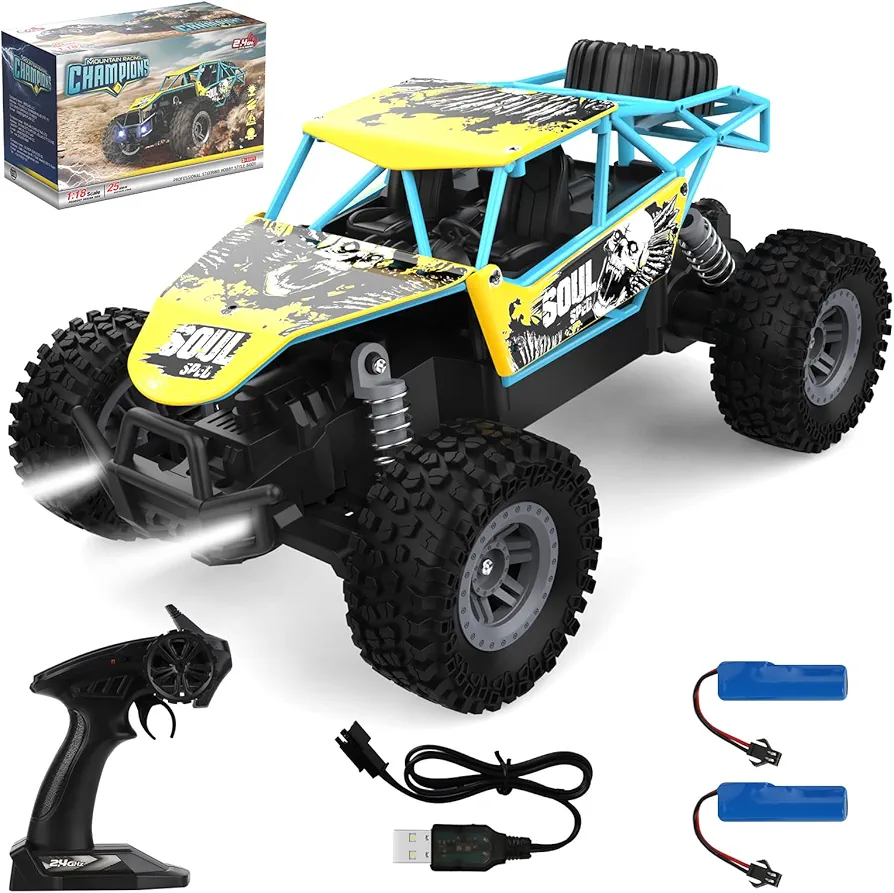 Remote Control Car, 1:18 Scale All Terrain RC Cars, 25 KM/H Rc Cars with LED Bodylight and 2 Rechargeable Batteries, 2.4Ghz Off-Road Racing Remote Control Truck for Boys Age 4-7 8-12 (Yellow)