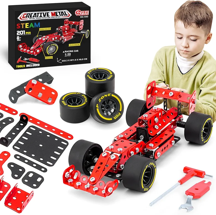 Building Car Metal Model Kits,STEM Building Toys Model Car Kits for Boys 8-12,Erector Set 1:20 Scale Red Racing Car Metal Building Blocks for Kids Boys 8 9 10 11 12-16 Years Old