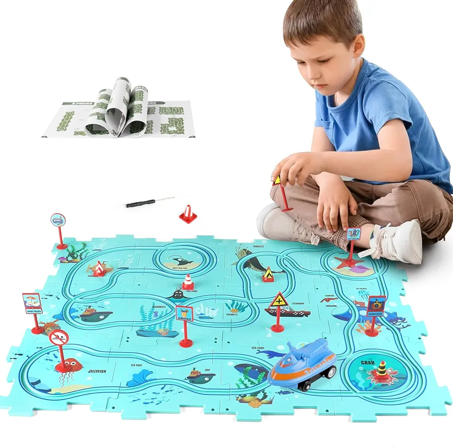 Puzzle Track Car Play Set, Plastic Puzzles for Kids Ages 3-5 with Vehicles, Electric trolley puzzle, Car Tracks for Toddlers, Toys Gifts for 2 3 4 5 6 Year Old Boys Girls