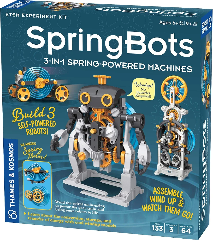 Thames & Kosmos SpringBots STEM Kit | Build 3 Spring-Powered| Race car, Walking Robot, Countdown Timer Powered by a Mainspring | Learn About Potential & Kinetic Energy, Gears & Springs, Black