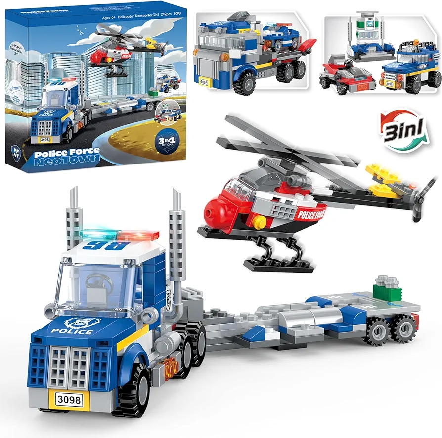 3in1 City Police Building Set, Police Car Transporter Building Toys, Police Truck with Trailer & Rescue Helicopter, Police Chase Building Kit, Gift for Boys Kids Aged 6-12, 249 PCS