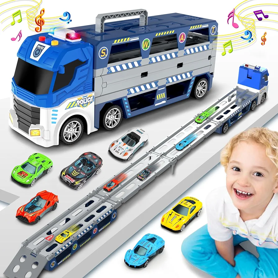 DWI Dowellin Transport Car Hauler Truck, Car Toys Include 6 Metal Racing Cars, 135CM Foldable&Deform Catapult Car Carrier Truck Set with LED Lighting&Music Songs, for Boys Girls Kids Gifts(Blue)