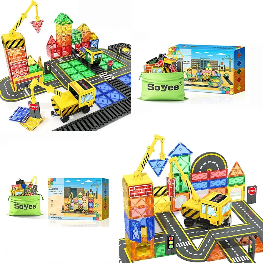 Magnetic Tiles Construction Set with Cranes, Road Pieces and Truck Magnetic Blocks STEM Building Toys for Kids 3+, 4 5 6 7 8 Year Old Boys Birthday Gifts - Improves Fine Motor & Problem-Solving Skills