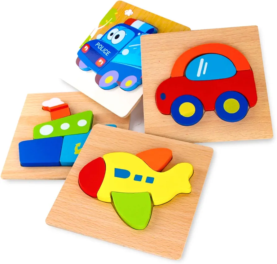 SKYFIELD Wooden Vehicle Puzzles for Toddlers 1 2 3 Years Old, Boys &Girls Educational Toys Gift with 4 Vehicle Patterns, Bright Vibrant Color Shapes, Customize Gift Box Ready(Vehicle)