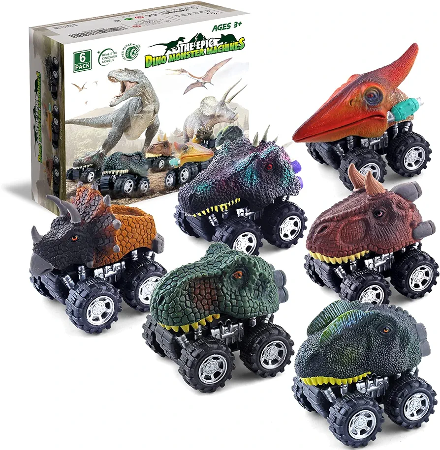 DINOBROS Dinosaur Toy Pull Back Cars 6 Pack Dinosaur Boy Toys Age 3,4,5,6,7 Dino T-Rex Games