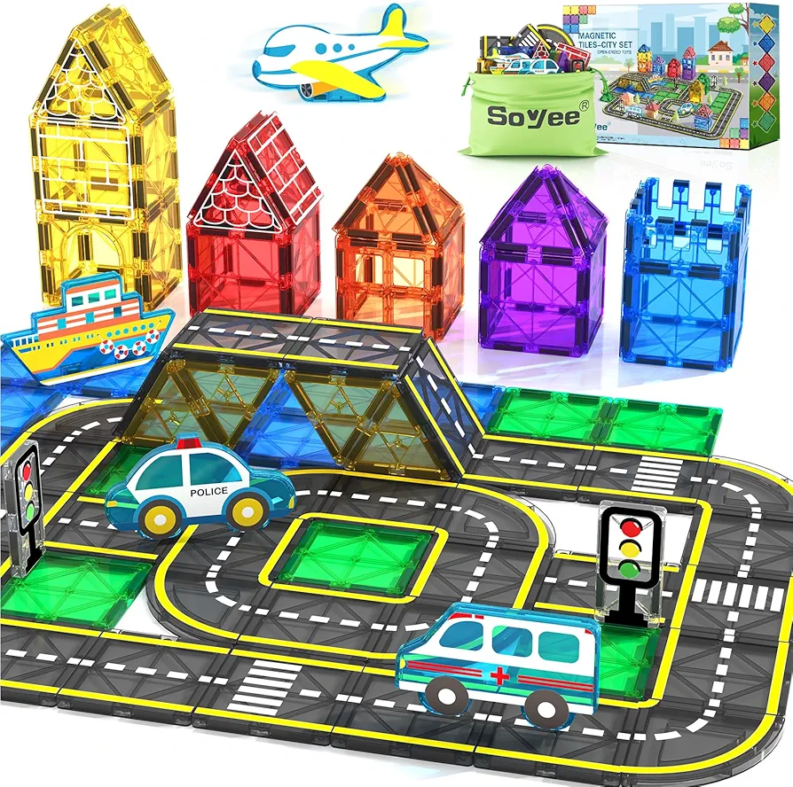 Magnetic Tiles Road Cars Toys Magnetic Building Blocks Boys Toys Ages 3 4 5 6 7 8 STEM Educational Preschool Constructions Toddler Toys & Gifts for 3+ Year Old Boys Girls