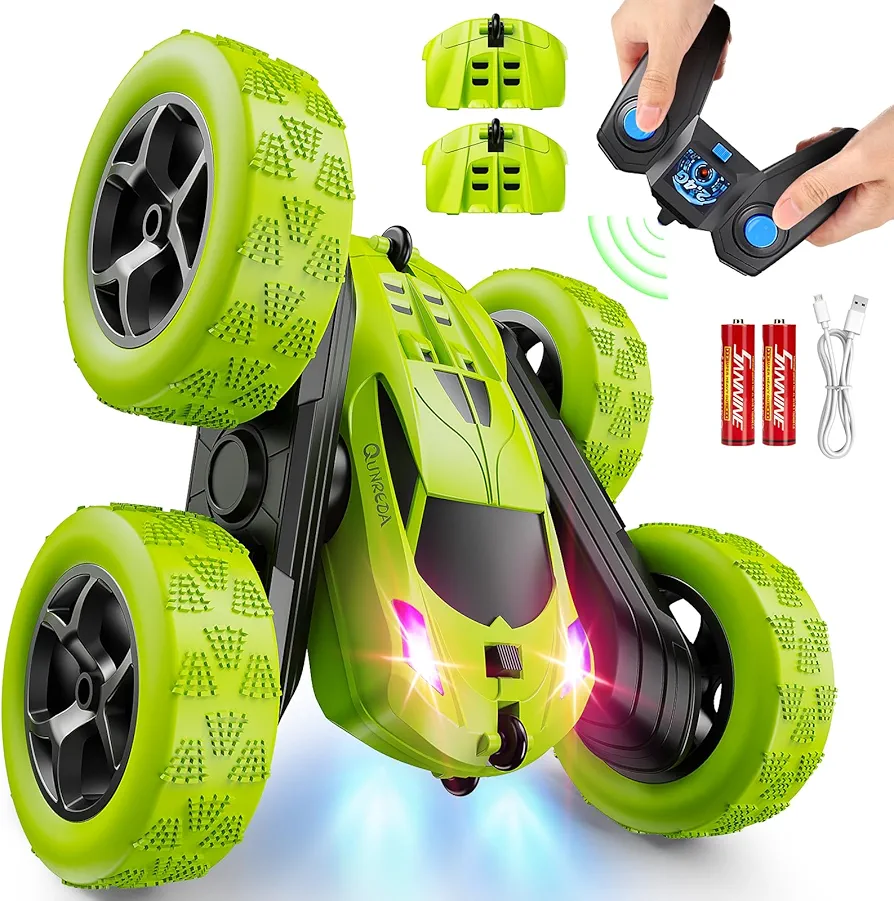 Remote Control Car for Kids Ages 6+, RC Cars Stunt Car Toy 4WD Double Sided 360° Rotating Remote Control with Headlights, Birthday Xmas Gifts for Boys 6 7 8 9 10 11 12 Green