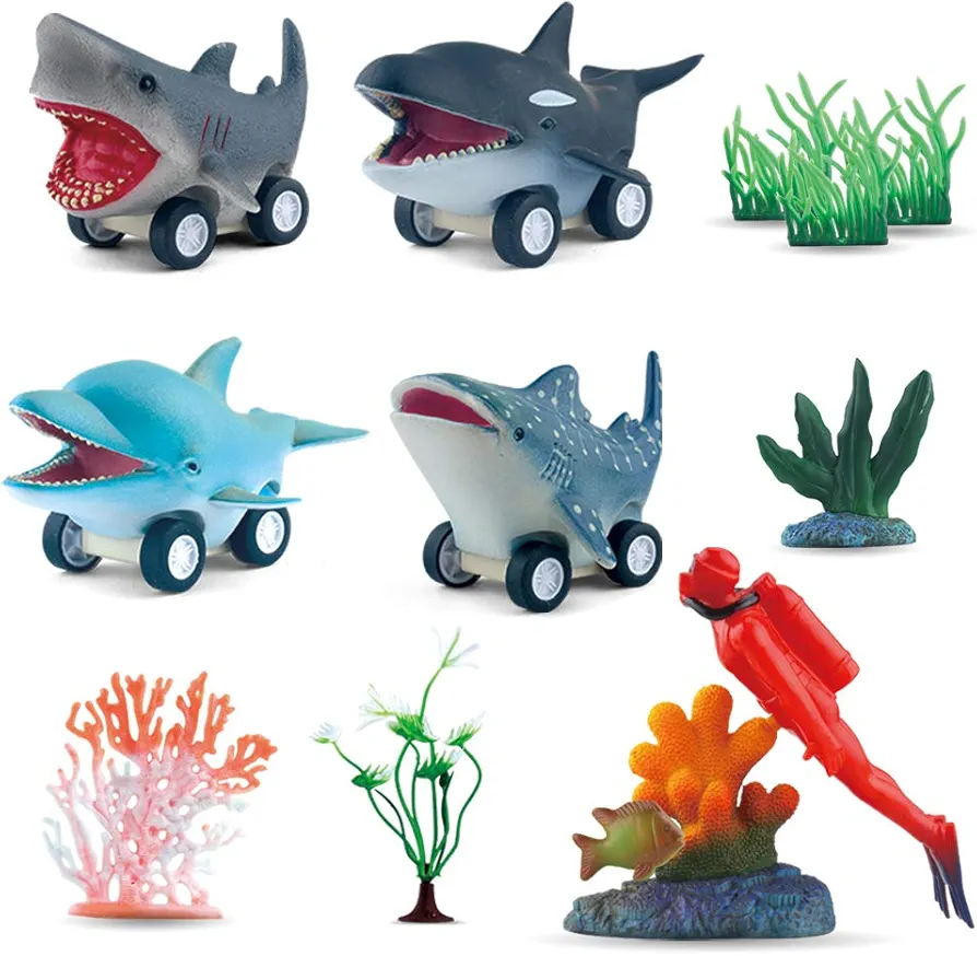 DINOBROS Sea Animal Pull Back Toy Cars Playset Ocean Game Set of 12Pcs Great White Shark Dolphin Killer Whale Toys for boys and toddlers 3 Year Olds and Up