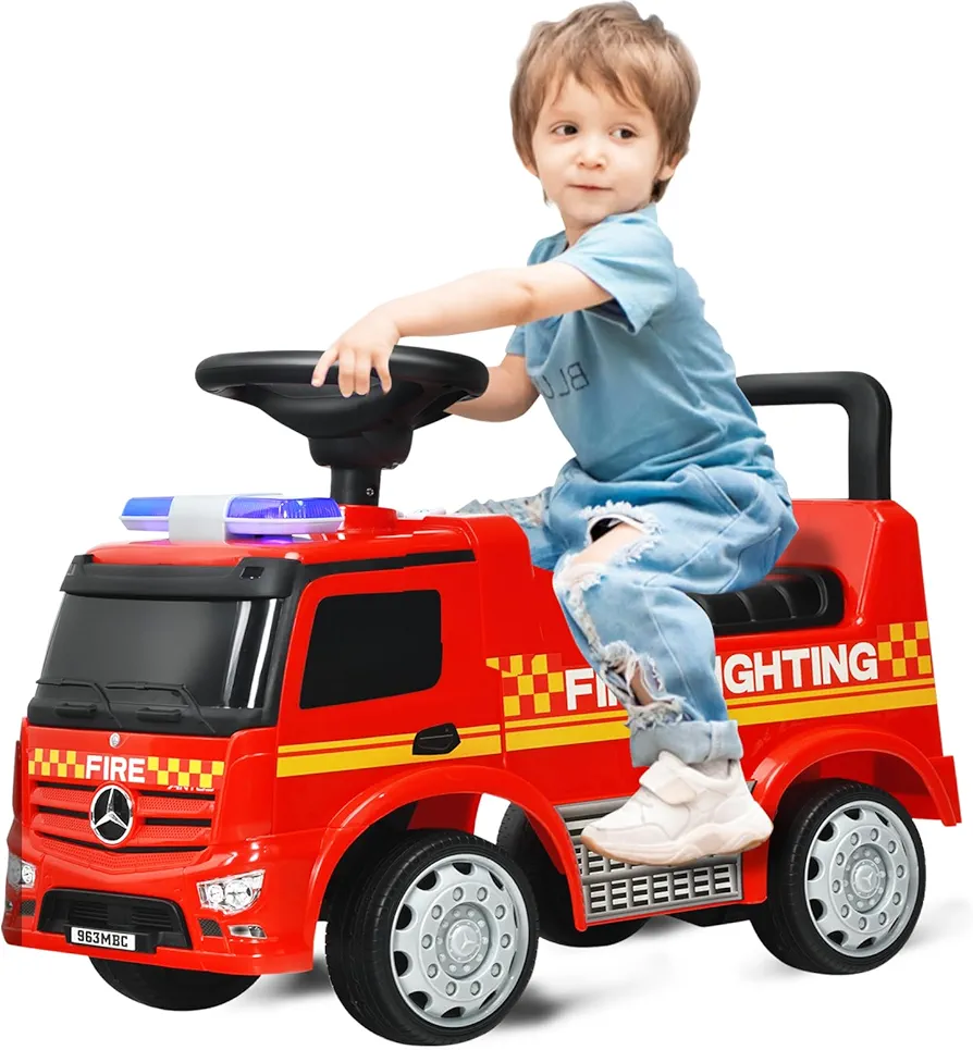 OLAKIDS Kids Push and Ride Racer, Licensed Mercedes Benz Foot-to-Floor Sliding Fire Truck with Horn, Headlights, Under Seat Storage, Ride On Toy Car Walker Gift for Toddlers Ages 1.5-3 Boys Girls