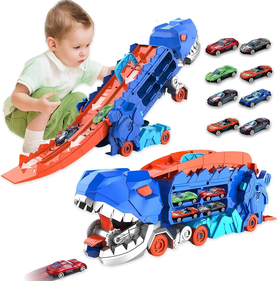 Dinosaur Transporter Truck Foldable Sliding Race Track Toy with 8 Toy Cars for Kids Age 3 4 5 6 7 8 (Blue)