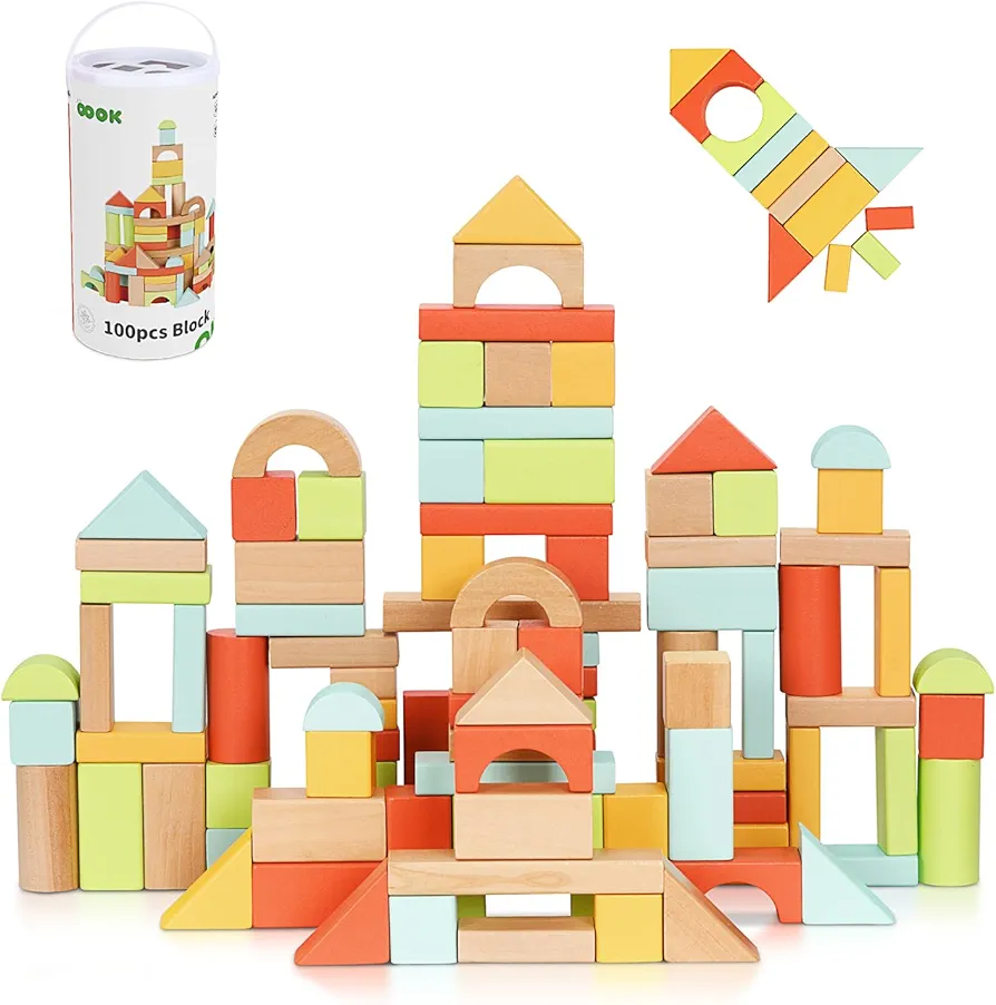 100pcs Building Blocks for Toddlers 1-3, Wooden Blocks for Kids with Storage Bucket and Shape Sorter Lid, Montessori Toys for 1 2 3 Year Old, Learning Toys for Preschool Girls and Boys.