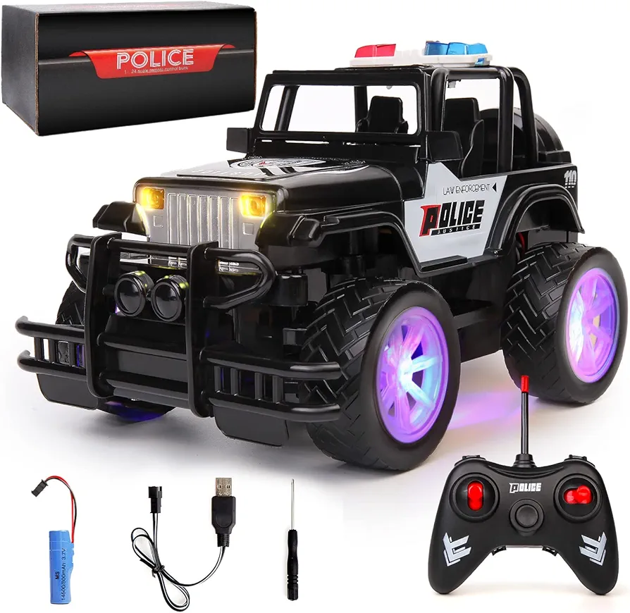 Remote Control Police Car Rechargeable RC Truck Toys for Kids Boys Girls 1:18 Auto Mode SUV Vehicle Racing Hobby with Headlight Christmas Birthday Gifts for Kid