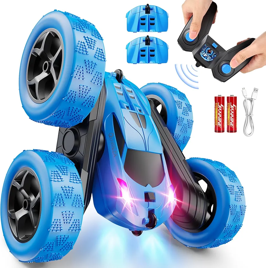 Remote Control Car, RC Cars Toys for Kids Ages 6-12, 4WD Stunt Car with LED Lights & 360° Flips, 2.4GHz, Upgraded USB-C Modular Batteries, for 8-10 Year Old Boys 1-Blue