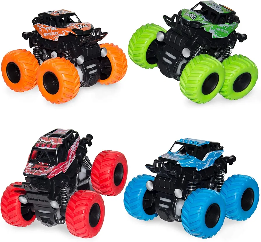 LONANDY 4 Pack Monster Truck Toys for Boys and Girls - Friction Powered Push and Go Toy Cars, Inertia Car Toy Set Stunt Toy Vehicles, Birthday Party Supplies for Toddlers Kids Ages 3+