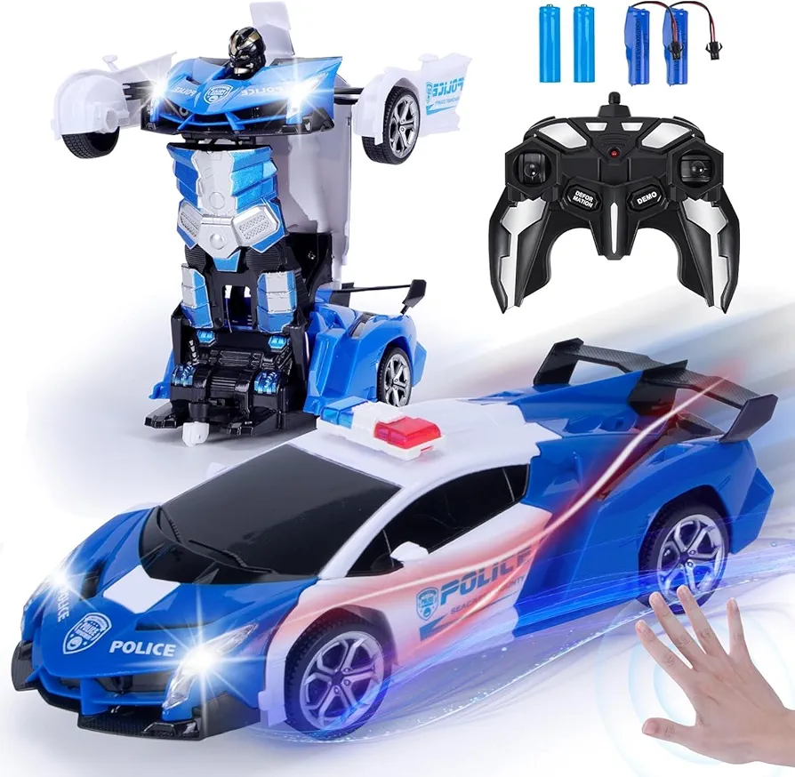 Wrystte Remote Control Police Car,Gesture Sensing Transform Robot 2.4G RC Cars Toys for Ages 4-12,Boy Toys with Light Music,One Button Deformation,360 Rotating Drift, Xmas Birthday Gift for Boys Girls