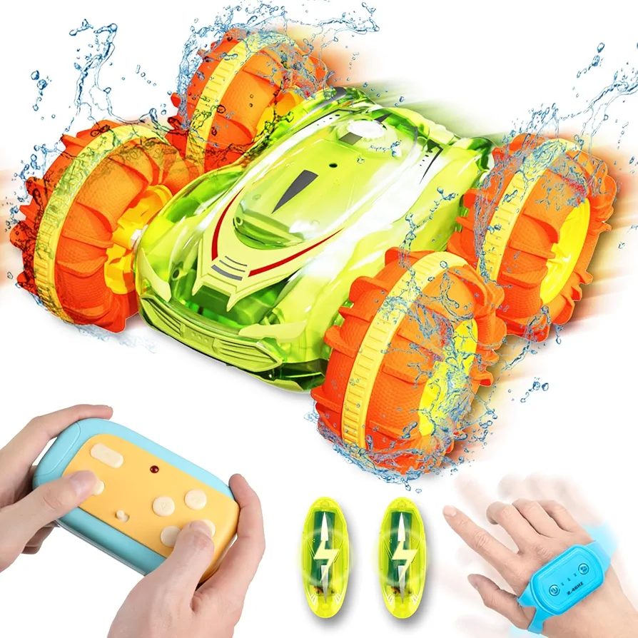 Amphibious Remote Control Car Boat for Kids,Waterproof Gesture Controlled RC Car Stunt Car with Lights,2.4Ghz All Terrain Pool Toys for Ages 4 5 6 7 8 9 10 11 12 Boys & Girls-Green