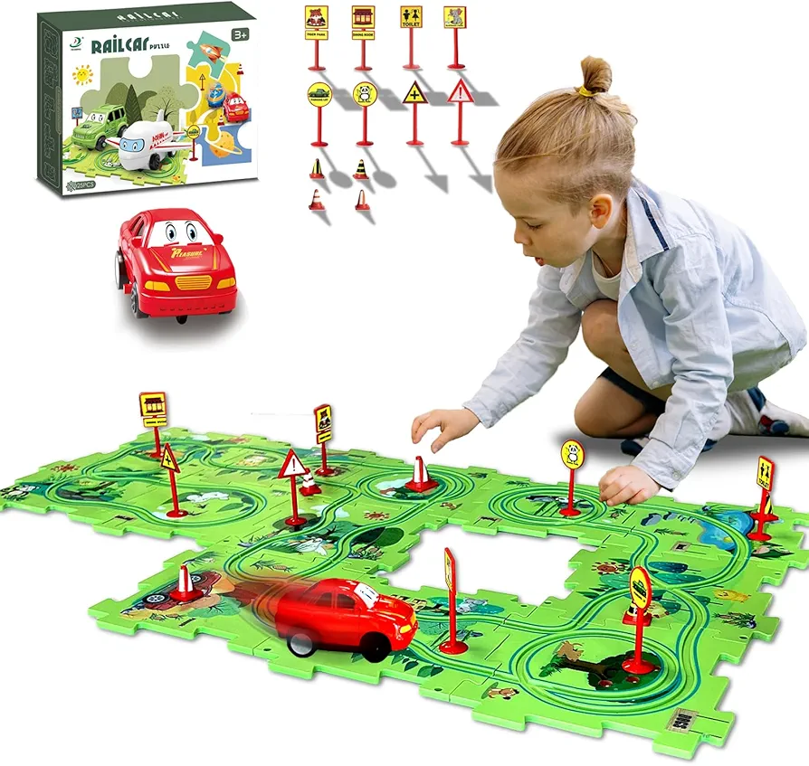 Puzzles for Kids Ages 3-5 with Vehicle, Toddler Puzzle Track Play Set Gift, Race Tracks for Kids 3-5, Toys for 3 4 5 6 Year Old Boys Girls, Montessori Toys for Kids (A-25Pcs,land)