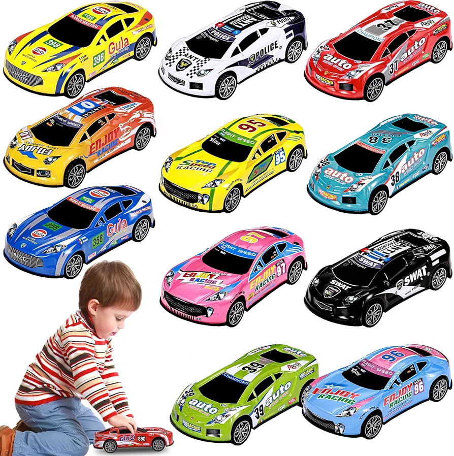 12 Pack 7 Inch Friction Power Car Toys Push and Go Pull Back Cars for Toddlers 3-7 Years Old Kids Die Cast Race Cars Vehicles Bulk for Boys Girls Classroom Goodie Bag Birthday Party Favors