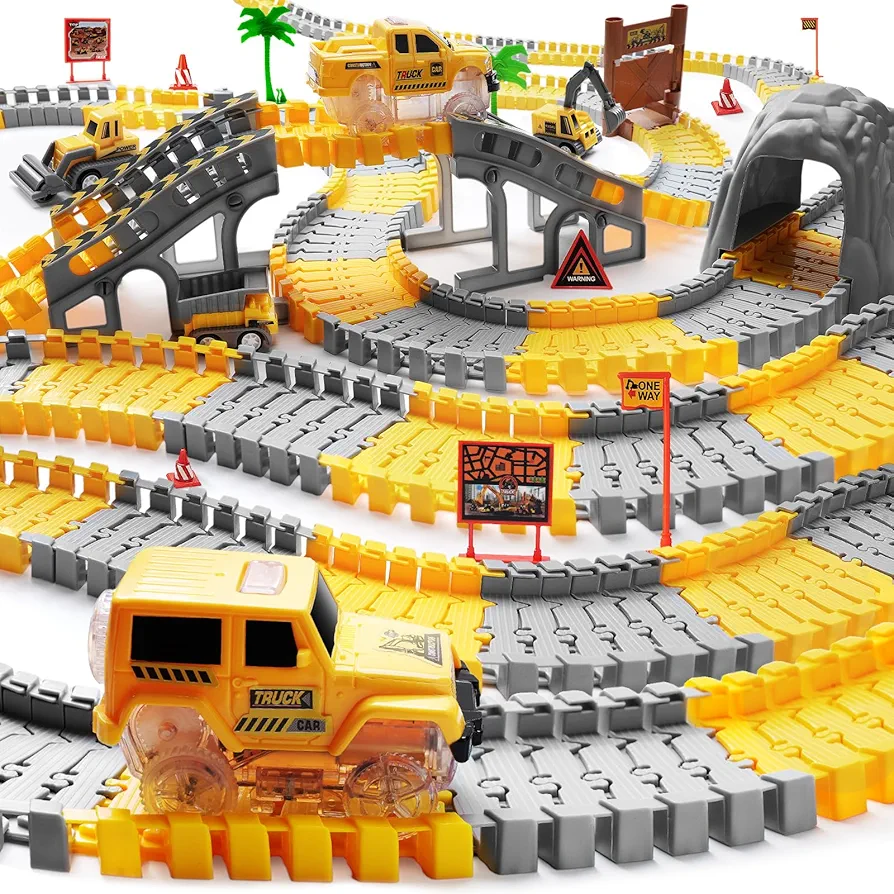 264 PCS Construction Race Tracks for Kids Toys, Glow in The Dark Magic Toy Set, Including 2 Electric Cars, 3 Construction Cars, Flexible DIY Track Set, Birthday Gift for Age 3-9 Boys Toddler Girls