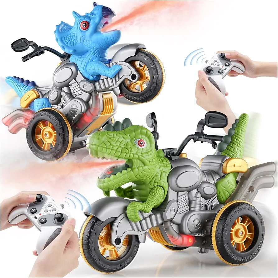 Set of 2 Remote Control Car for Toddlers, with Music&Light &Spray,360°Rotation, Dinosaur Monster Trucks Kids Toys Age for 1 2 3 4 5 6 7 8,Boys Toys Gift