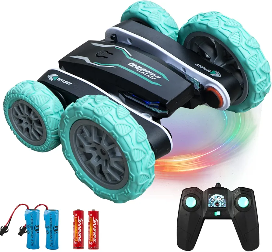 Kids RC Car, 6 7 8 9-14 Years Old Boys Toy, Double Sided 360° Rotating RC Car, 4 Wheel Drive Stunt Car, All Terrain Tires, LED, Toy Car with 2 Rechargeable Batteries