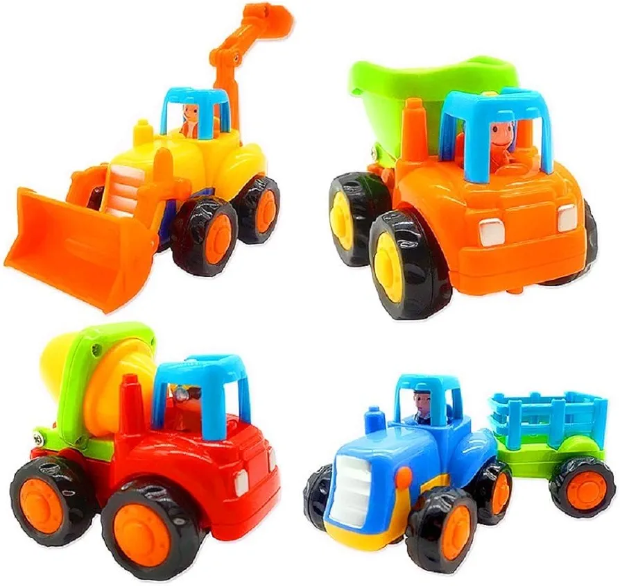 Friction Powered Cars, Push and Go Toy Trucks Construction Vehicles Toys Set for 1 2 3 Year Old Baby Toddlers Beach Dump Truck, Cement Mixer, Bulldozer, Tractor, Early Educational Toys, A Set of 4