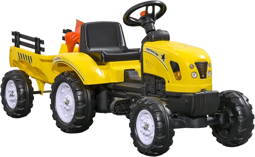 Aosom Kids Ride on Farm Tractor, Manual Pedal Ride on Car with Back Storage Trailer, Shovel & Rake, Horn for Age 3 Years Old, Yellow