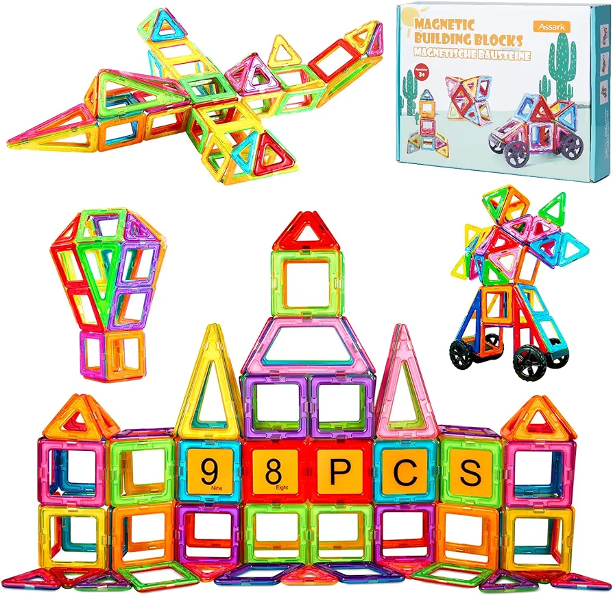 Magnetic Tiles, Magnetic Blocks Magnet Toys with 2 Cars, Kids Magnetic Building Blocks Set for 3 4 5 6 7 8+ Year Old Boys Girls, STEM Preschool Toys for Gift