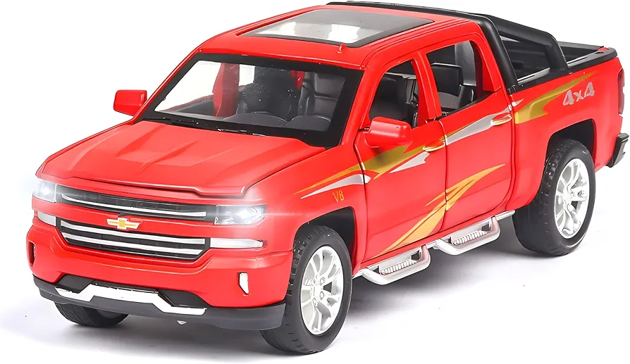 Pickup Toy Trucks Chevy Silverado LTZ 1500 Diecast Metal Truck Model Car Toys for Boys Age 4-8 with Light&Sound Pull Back Truck Toys for Kids Age 3-5 Red Gifts