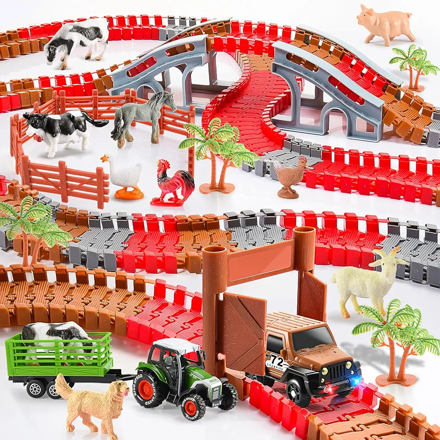 Farm Toys for 3 4 5 6 Year Old Boys Girls, 221 PCS Farm Playset with Flexible Tracks Toy Tractor Race Car Track Farm Animals for Toddlers STEM Toys Birthday Gifts for Kids Age 3-5 5-7