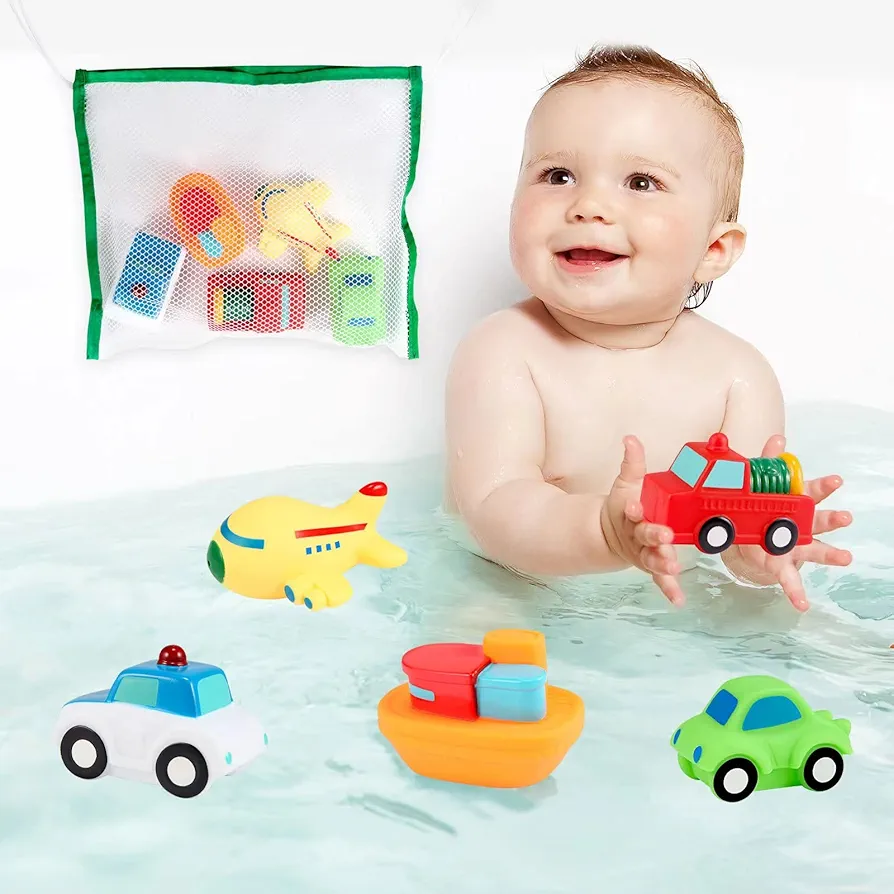 Toddler Bath Toys Bathtub Toy - Kids Floating Water Spray Toy Fun Bathtime with Boat, Plice Car,Fire Truck and Plane Plastic Toy for Baby Boys and Girls