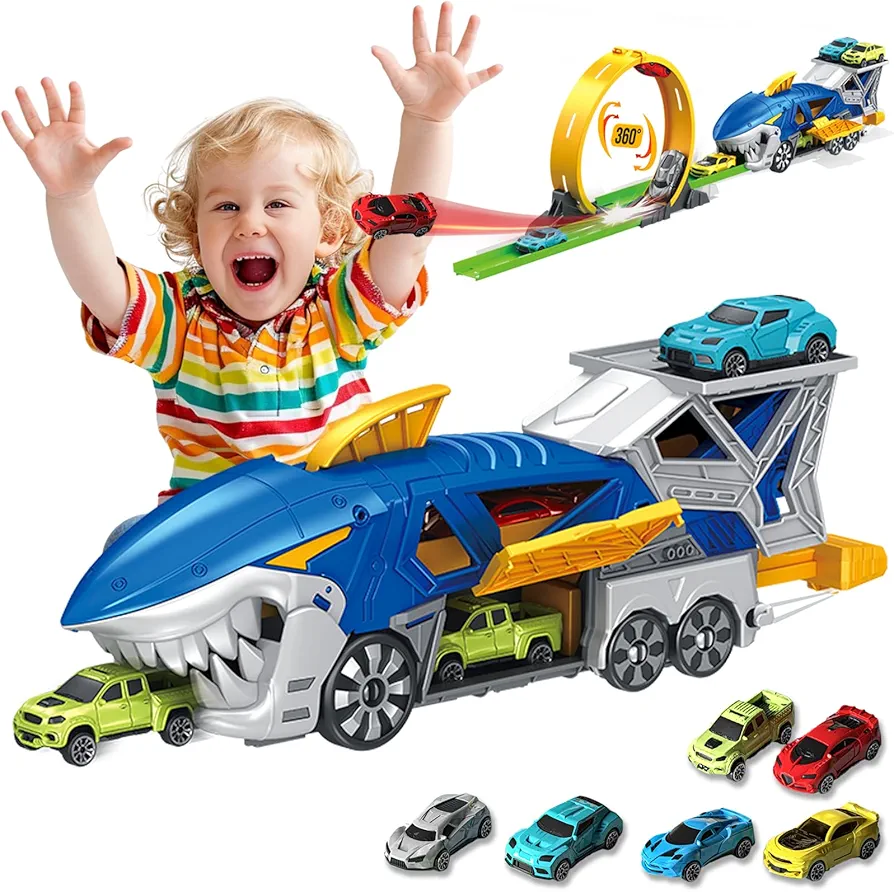 Carrier Truck Race Track Kids Toys, Shark Toy Car Race Track Playset, Loop and Launcher Toys Transport, Truck Car Toddlers Toys Xmas Gifts for Age 3 4 5 6+ Years Old Boys Girls