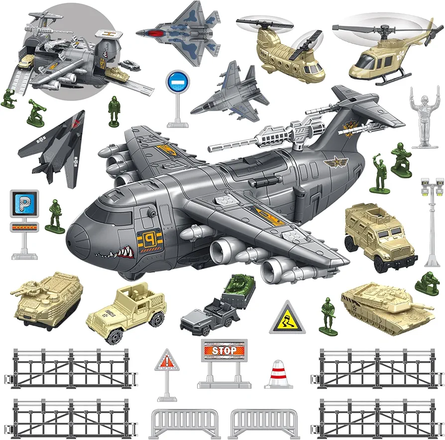 Military Airplane Car Toy for Kid - 2-in-1 Airplane Playset for Ages 5-7 3-6 Boy, Fighter Jet with 6 Truck Vehicle, 5 Helicopter, Army Men Kit for 4 5 6 7 8 Years Old Child Birthday