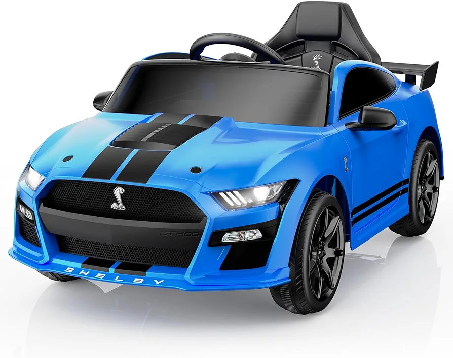 12V Licensed Ford Mustang Shelby GT500 Ride On Car,Electrical Vehicle Toy for Kids,Battery Powered Car with Spring Suspension/Parent Remote Control/Sound System for Ages 3-5 Years,Blue