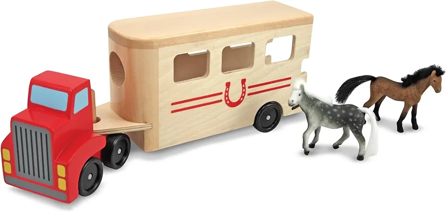 Melissa & Doug Horse Carrier Wooden Vehicle Play Set With 2 Flocked Horses and Pull-Down Ramp - Horse Figures, Wooden Horse Trailer Toy For Kids Ages 3+