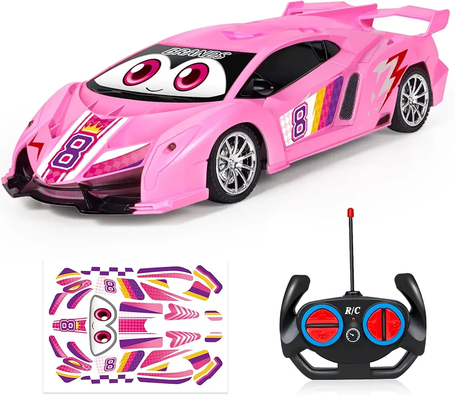 Remote Control Car, Pink Car Racing Toy Vehicle, Rc Sports Car for Kids Toddlers with Led Lights, Hobby RC Cars Toys for Girls Age 3 4 5 6 7 8-12 Years Birthday Gift (DIY Sticker)