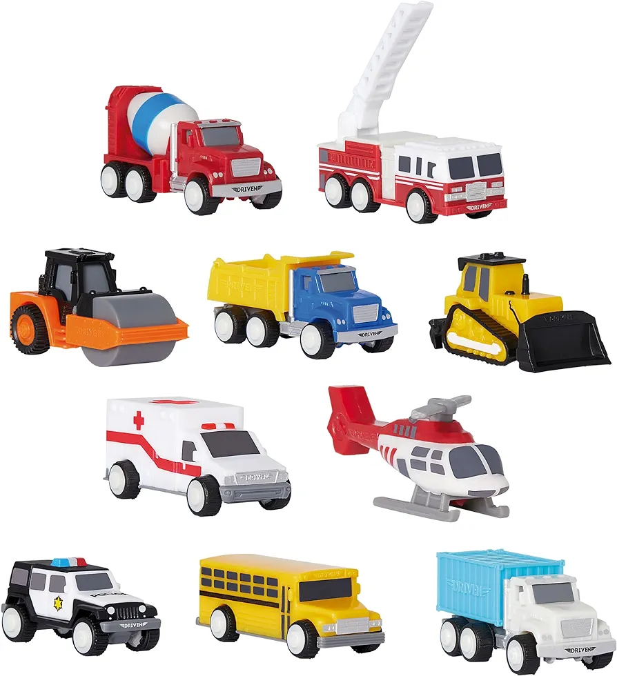 Driven by Battat – Pocket Fleet 1 (10 Pack) – Mini Cars Toys – Police Car, Helicopter, Fire Truck, Ambulance, School Bus, Dump Truck, Bulldozer & More Small Construction Vehicles – Gift for Age 3+